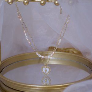 NEW 14K Gold Plated Pearl Heart Layered Necklace